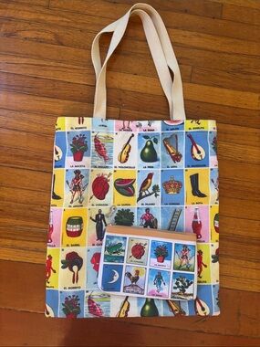 Loteria Print Canvas Tote Bag with Coin Pouch